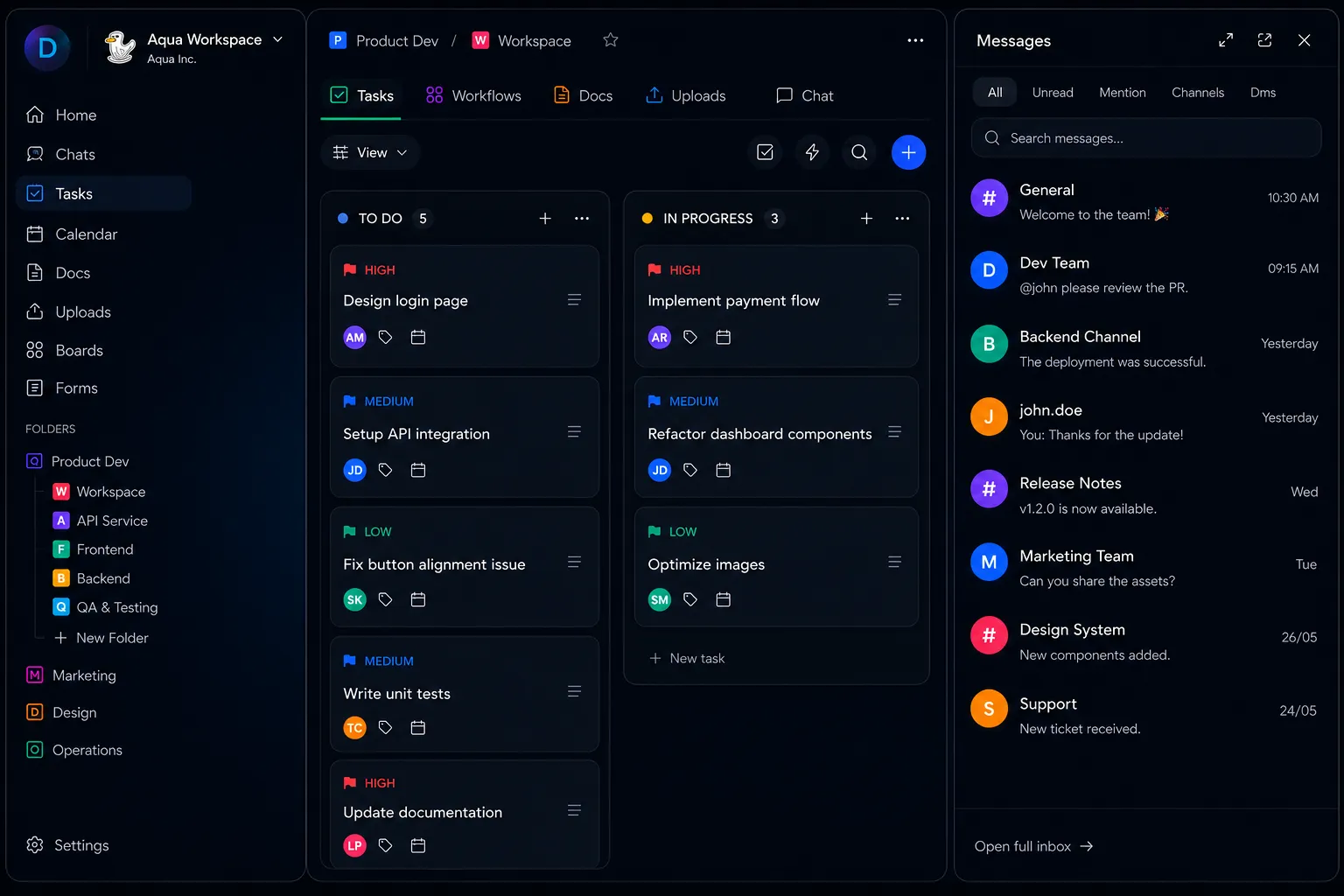 Workspace tasks board with messages panel