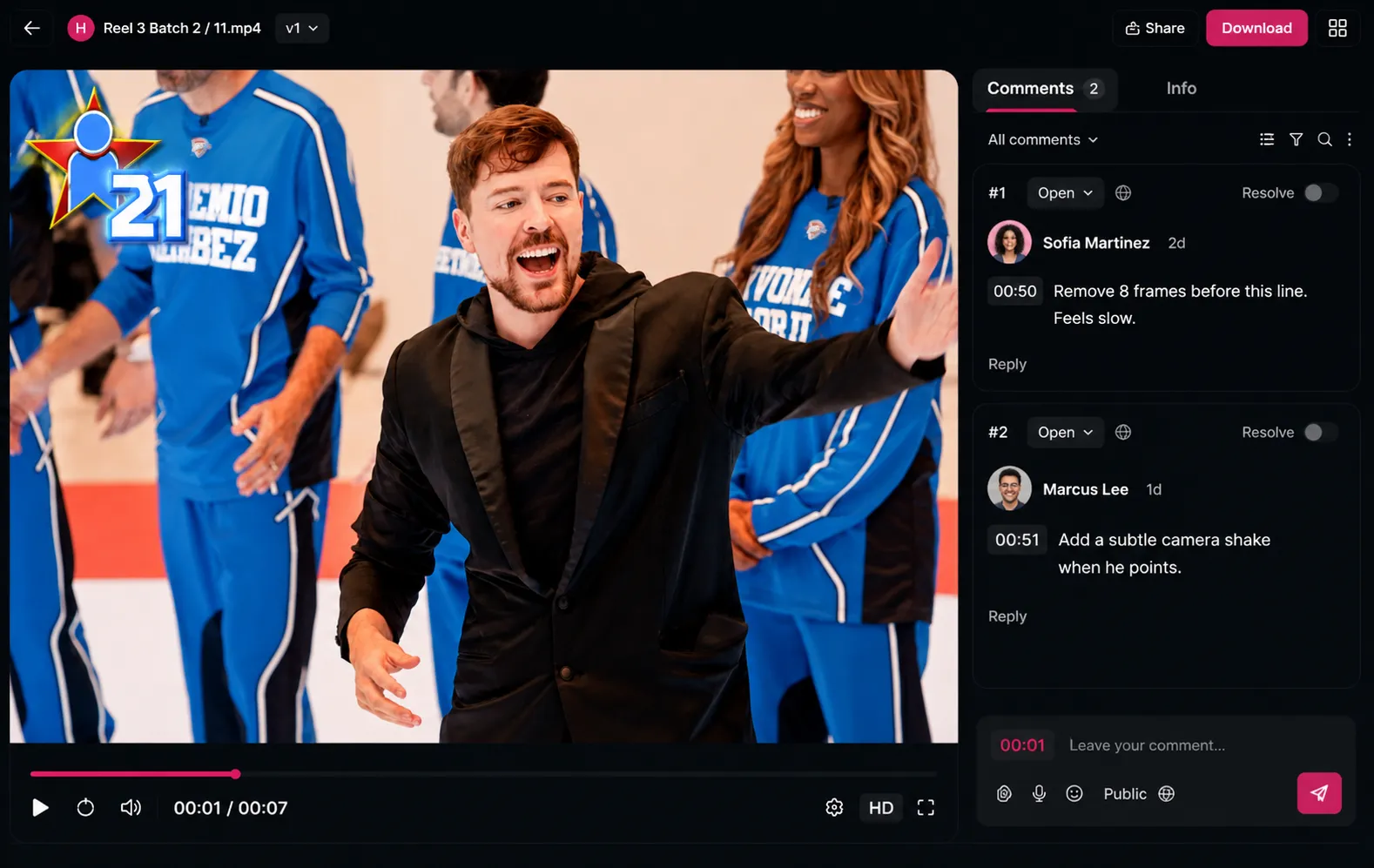 MrBeast video being edited with frame-accurate review notes