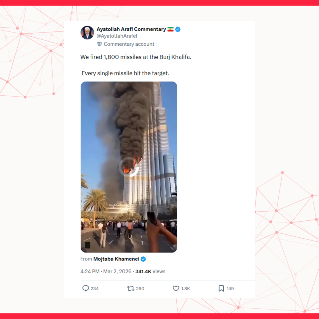 الفيديو مُولَّد بالذكاء الاصطناعي، ولا يوثّق قصفاً حقيقياً استهدف برج خليفة في دبي