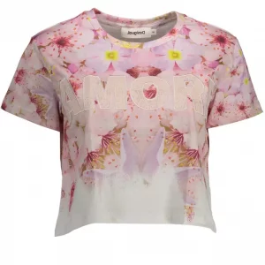 Desigual Schickes rosa besticktes Baumwoll-T-Shirt