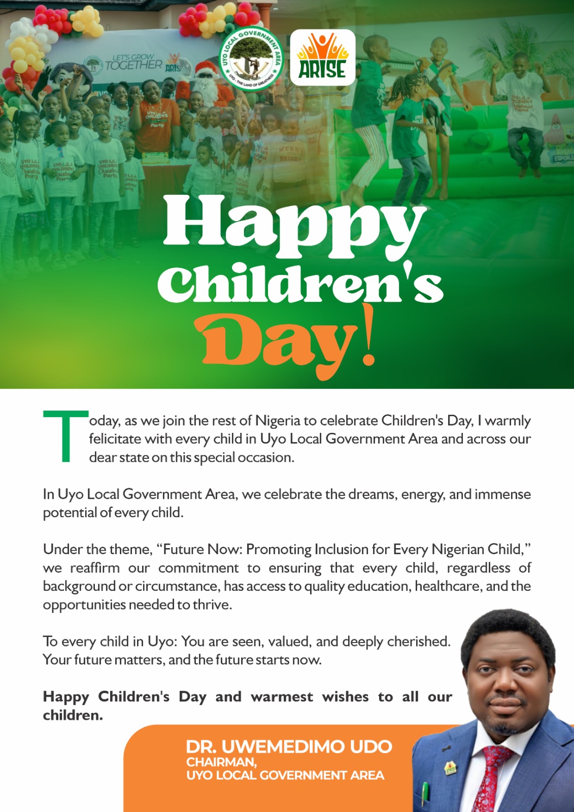Children’s Day: Dr Uwemedimo Udo Pledges Quality Education, Healthcare for Every Uyo Child
