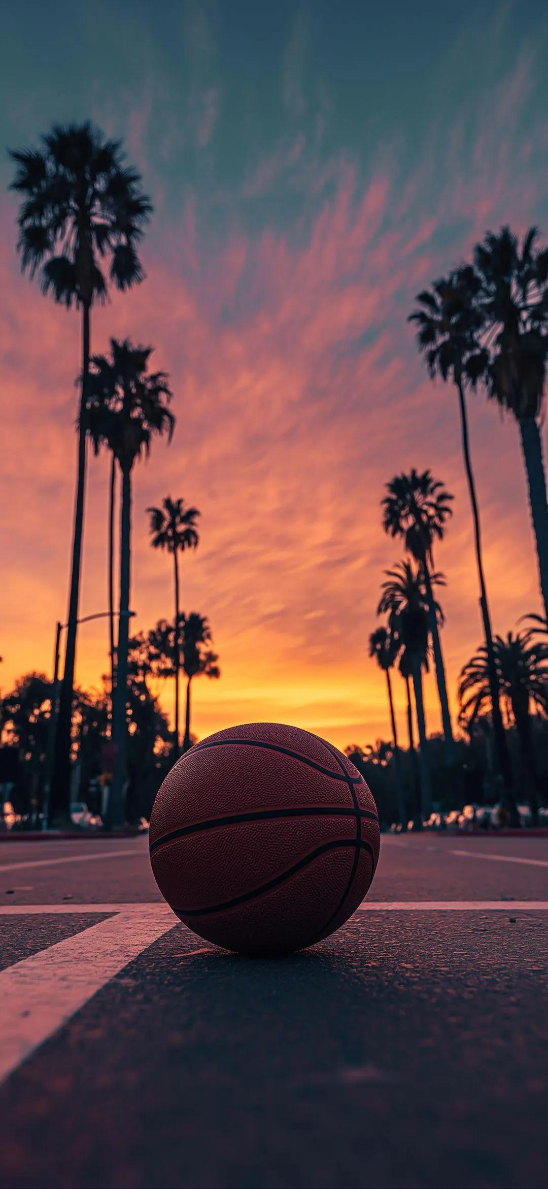 Basketball Court at Sunset Tropical City View Wallpaper