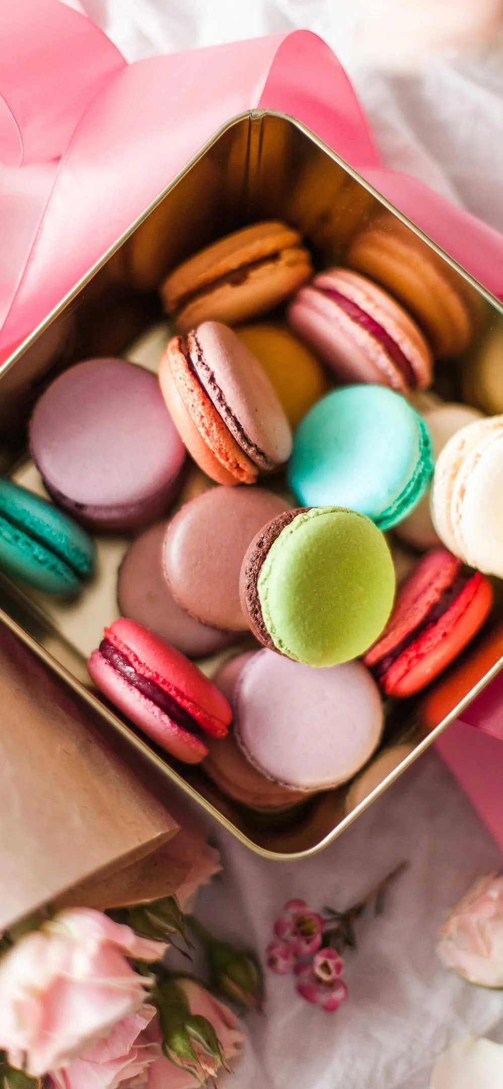 Colorful Macarons Arranged in a Pastel Box Wallpaper