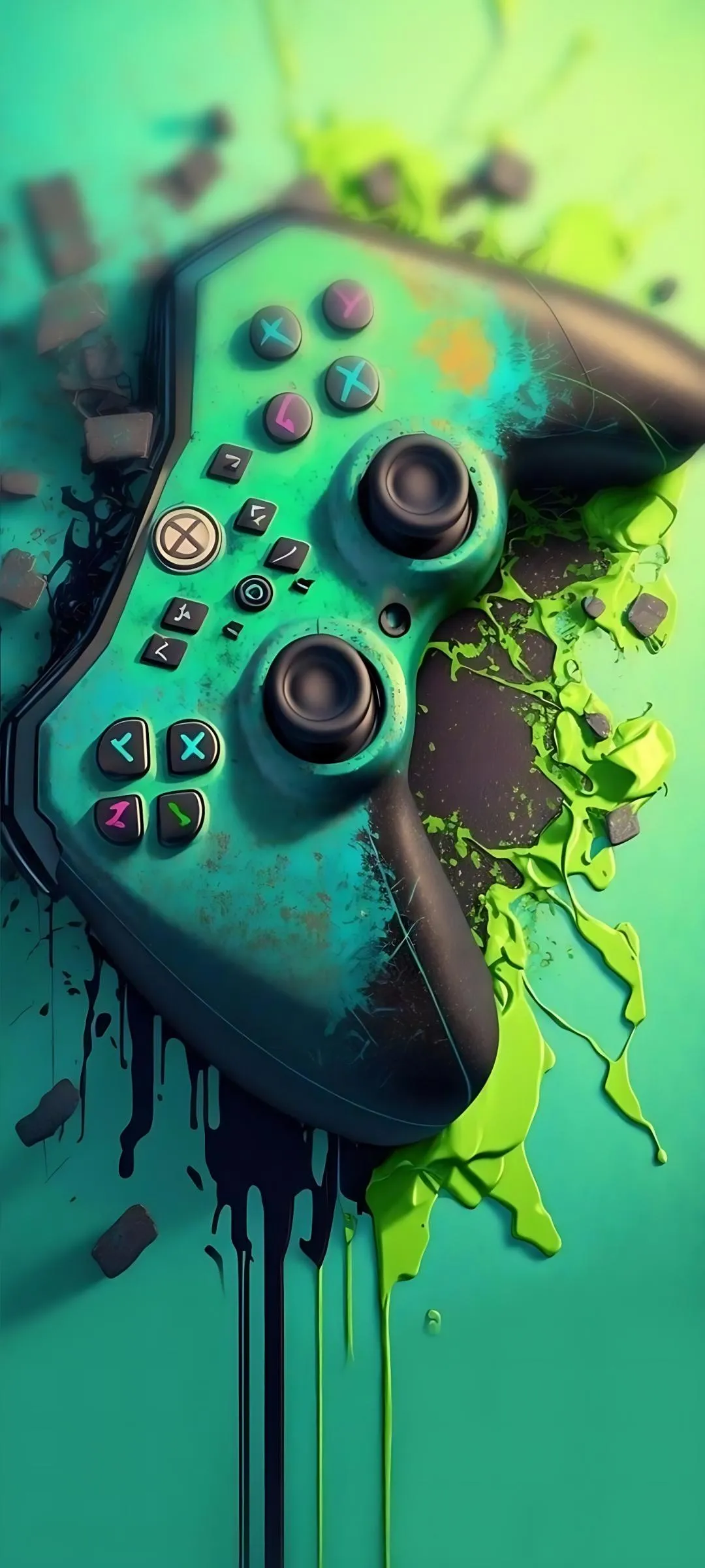 Creative Green Game Controller with Artistic Glow Wallpaper