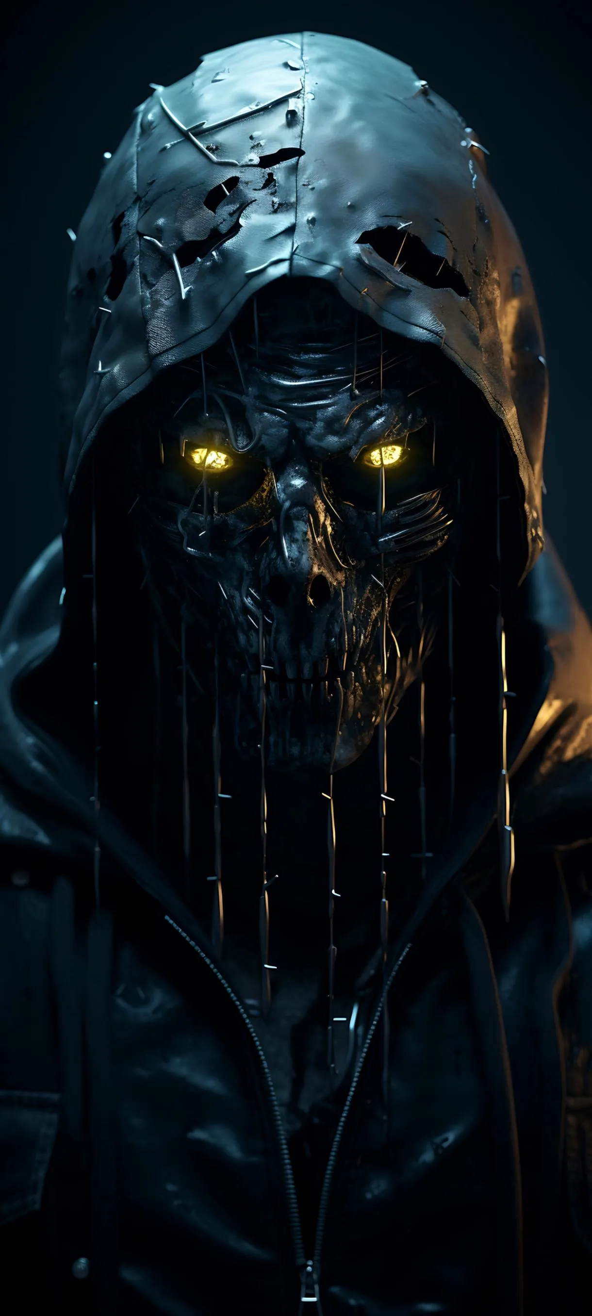 Dark Hooded Character with Glowing Blue Highlights Wallpaper