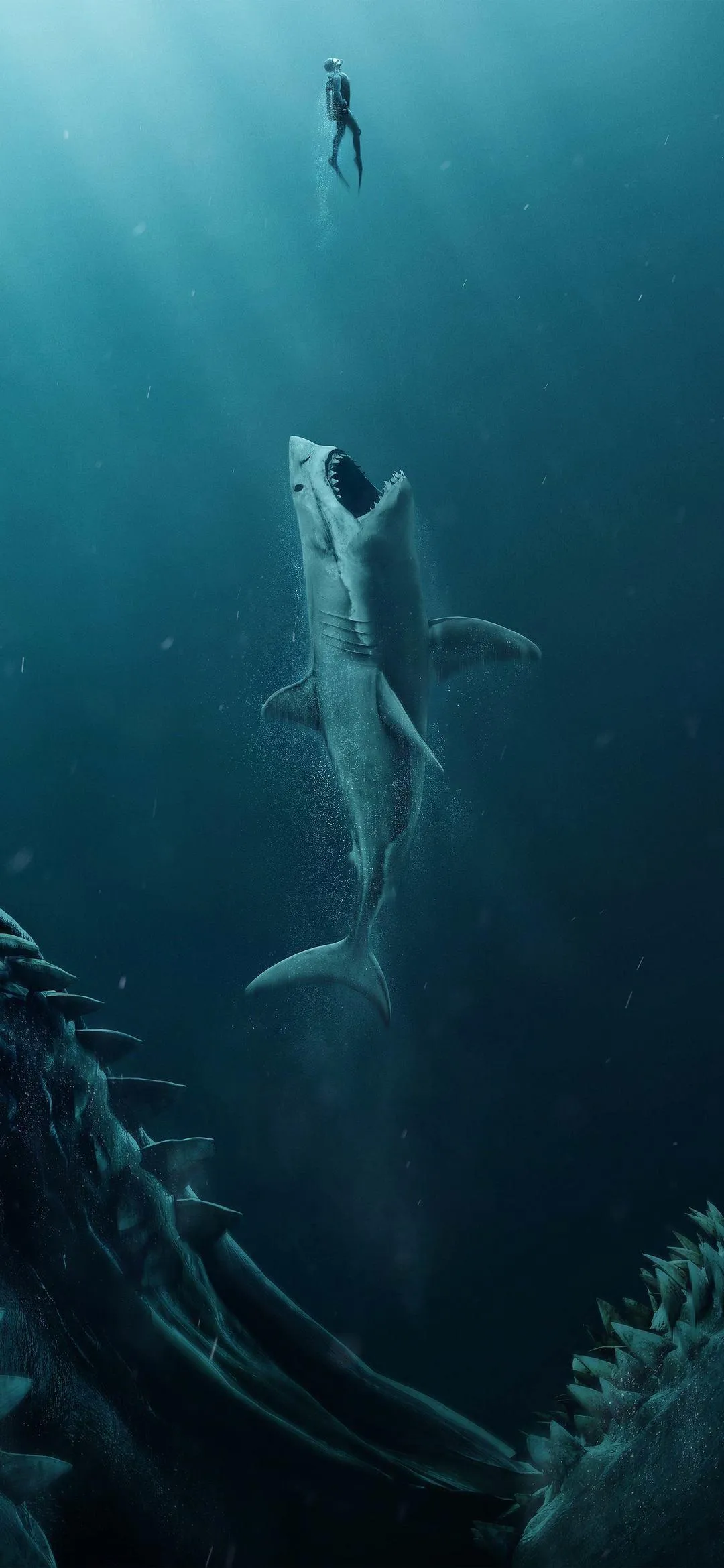 Deep Ocean Diver Facing Shark Captured in Blue Underwater