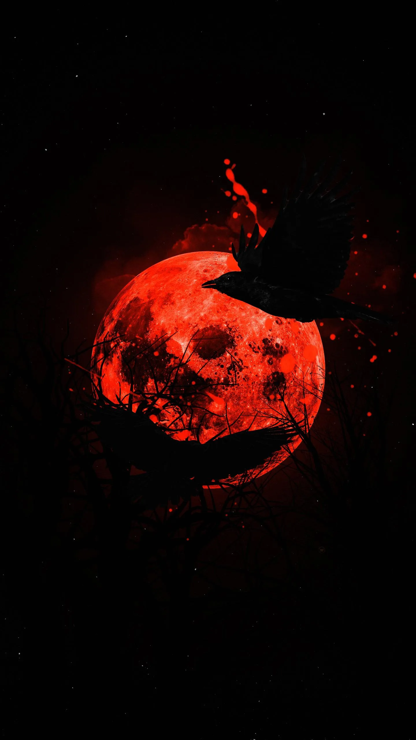 Fiery Abstract Red Moon with Birds Digital Art Design