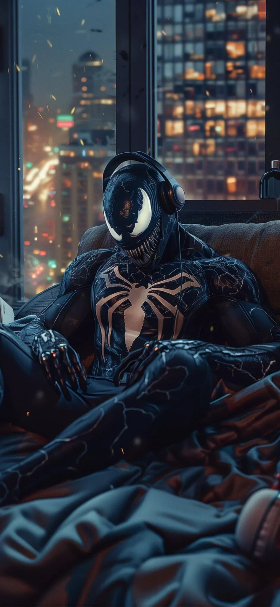 Futuristic Creepy Venom Sitting in a Neon City Night