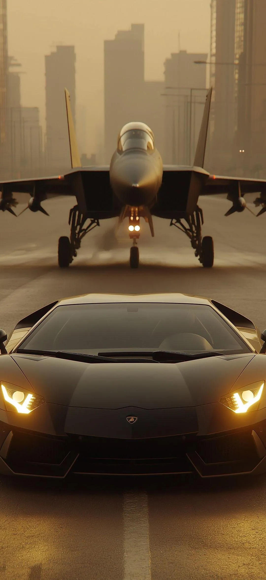 Futuristic Sports Car in Modern City Sunset with Airplane