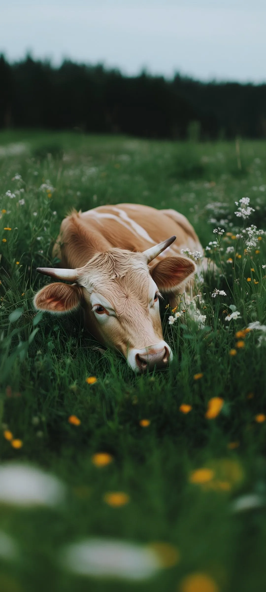 Gentle Cow Resting in Green Meadow Peaceful Nature Scene