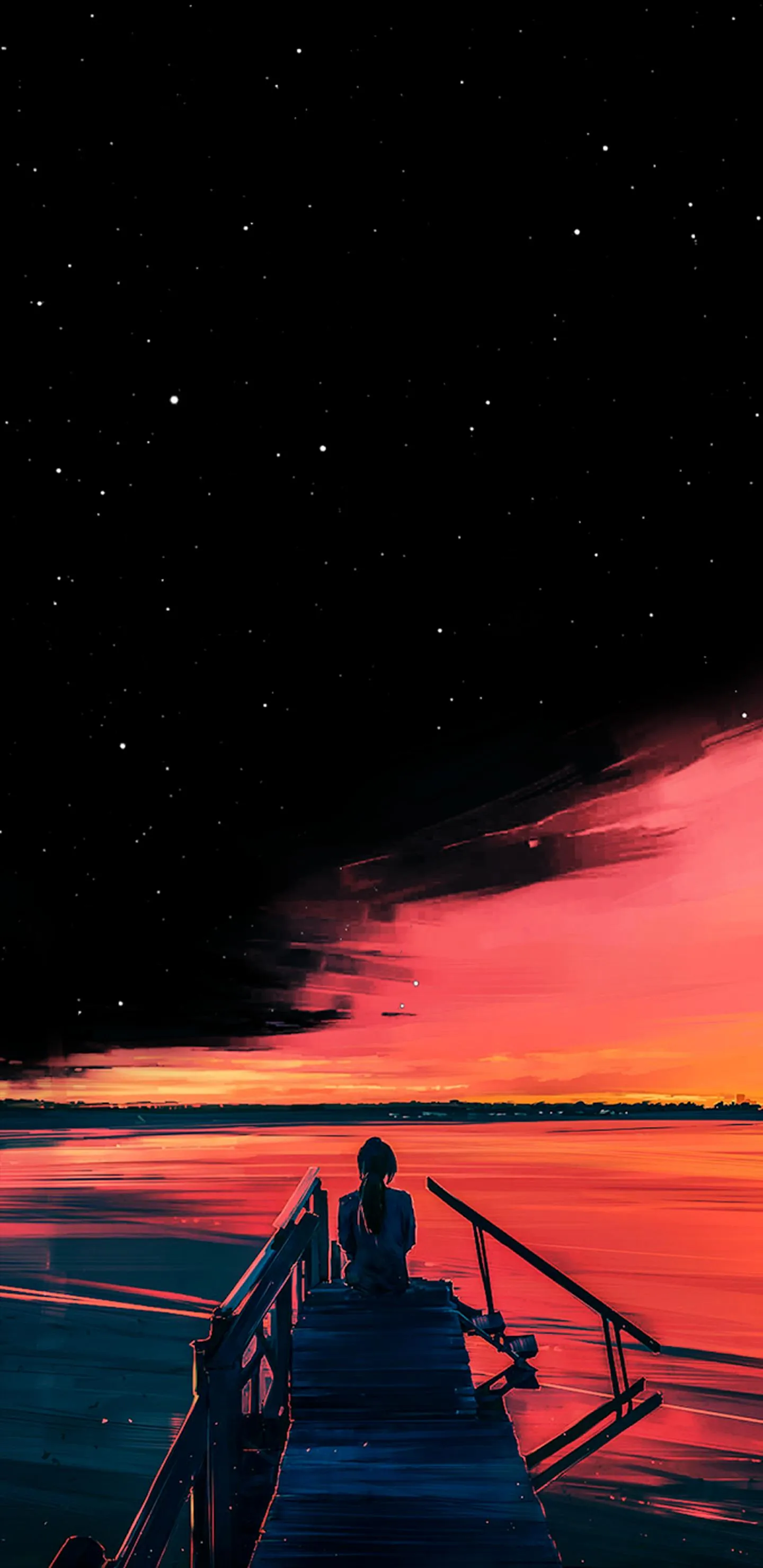 Girl Looking Peaceful Night Sky Reflections Over Calm Waters