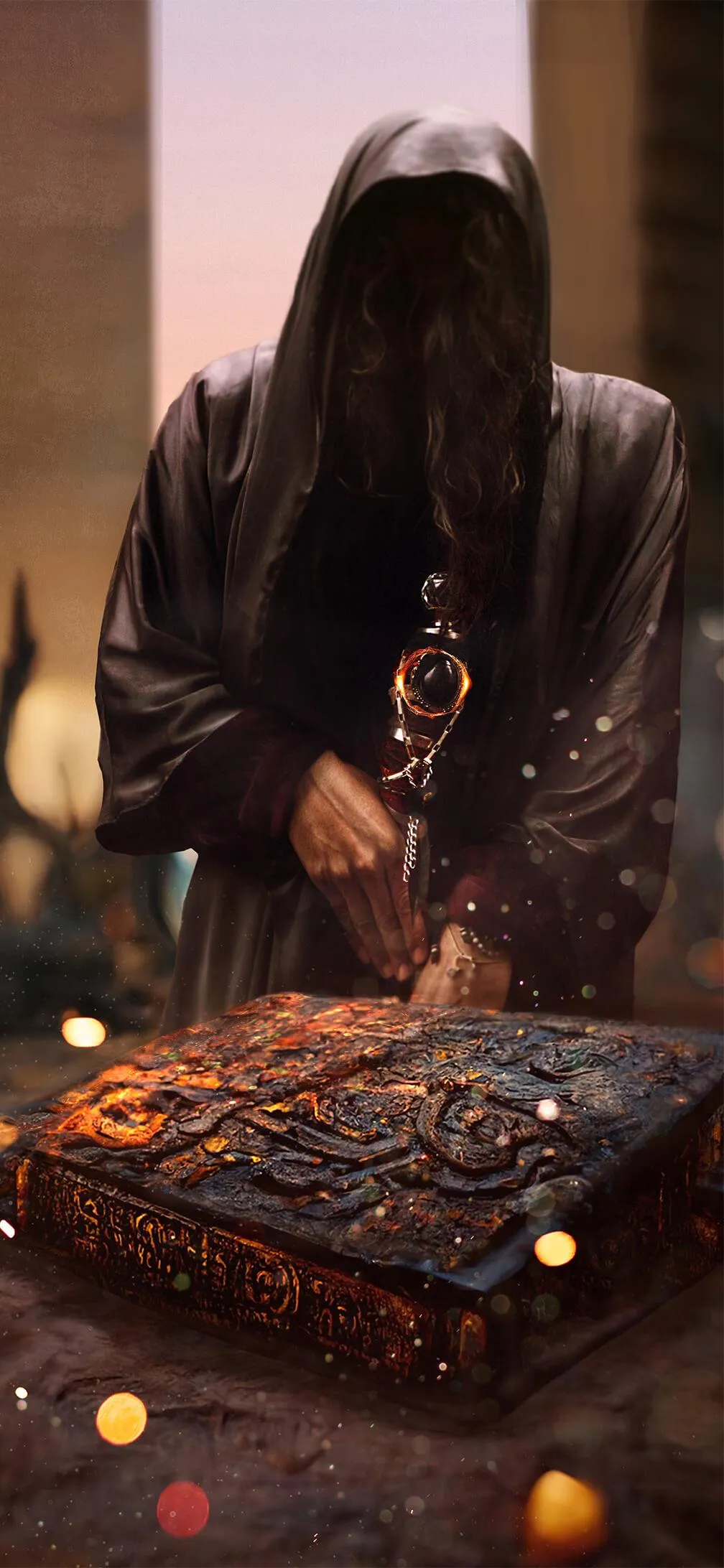 Mysterious Hooded Figure Guarding an Ancient Relic