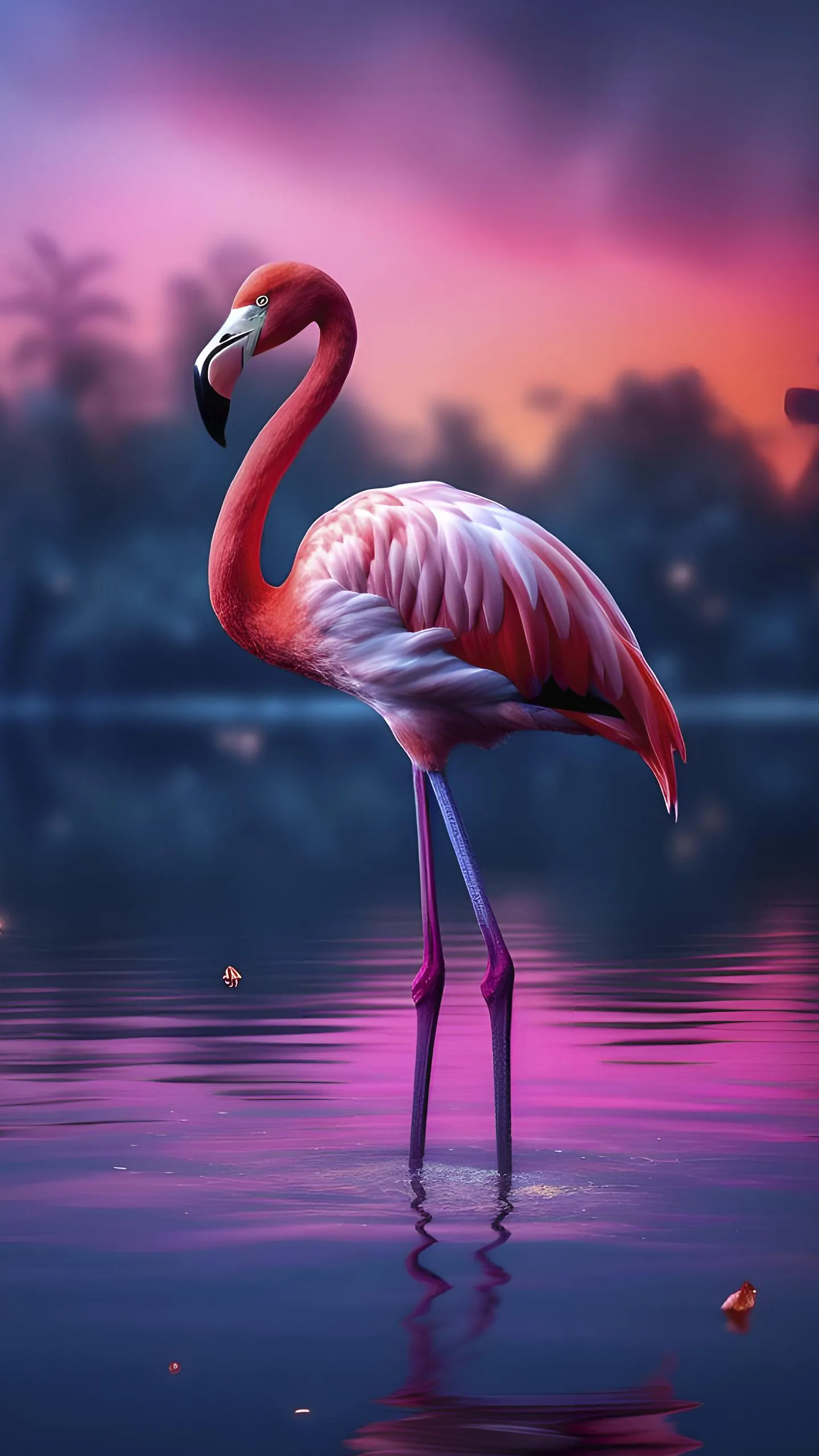Pink Flamingo Standing in Water Artistic Wallpaper