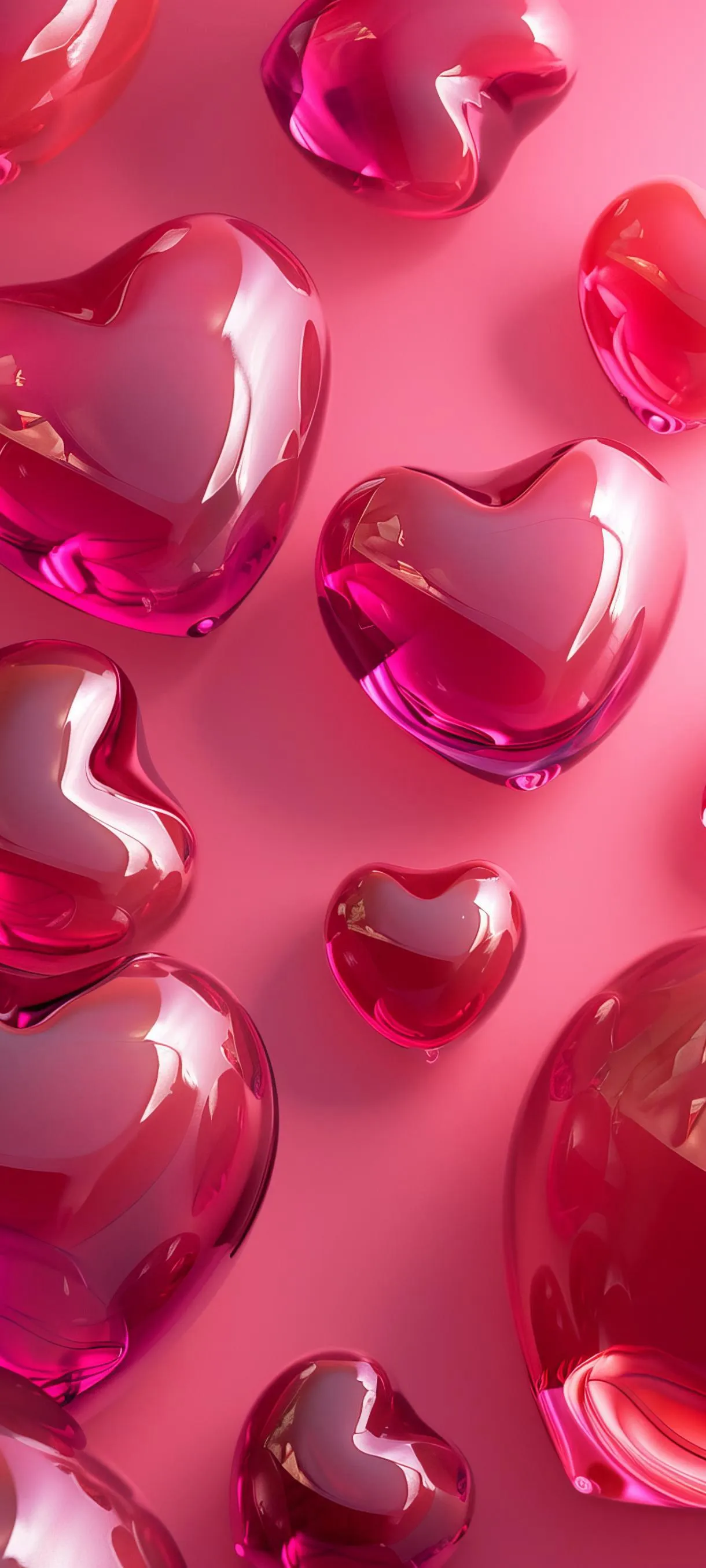 Pink Heart Shapes Floating on Glossy Background Wallpaper