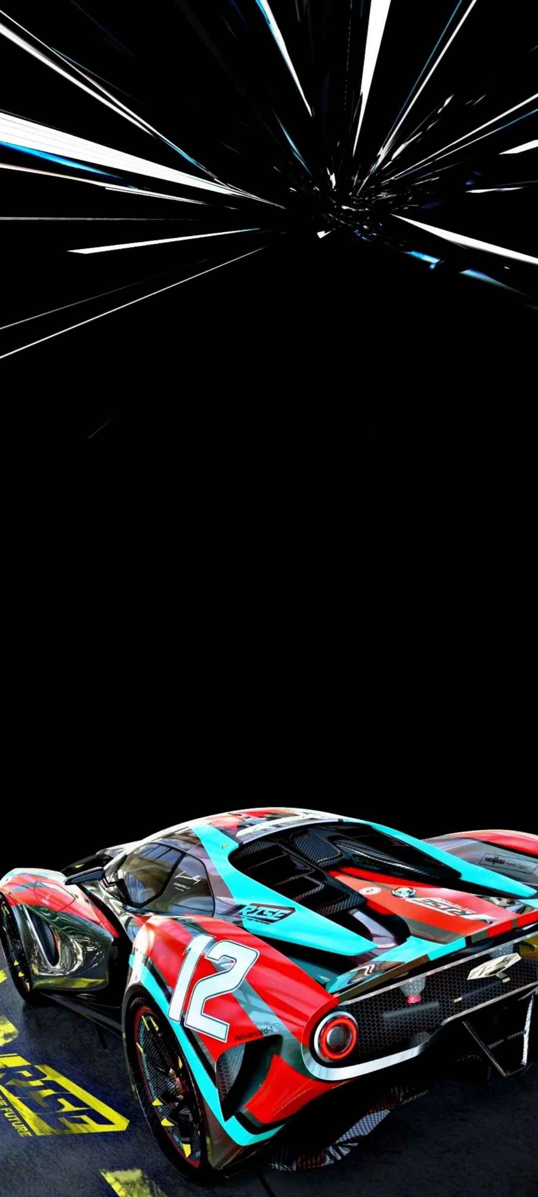 Racing Car Reflected in Black Shiny Surface Wallpaper