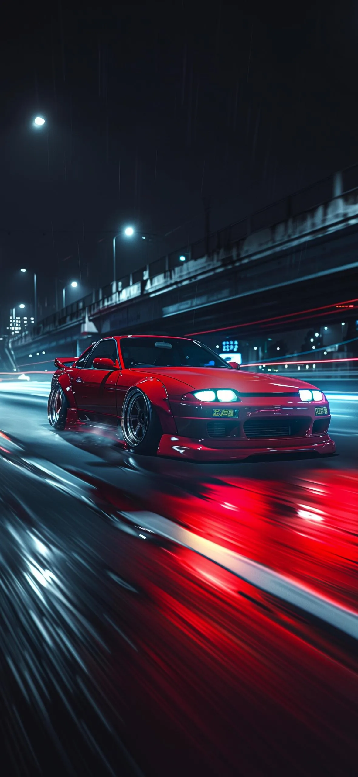 Red Car Speeding Through Night City Photography HD