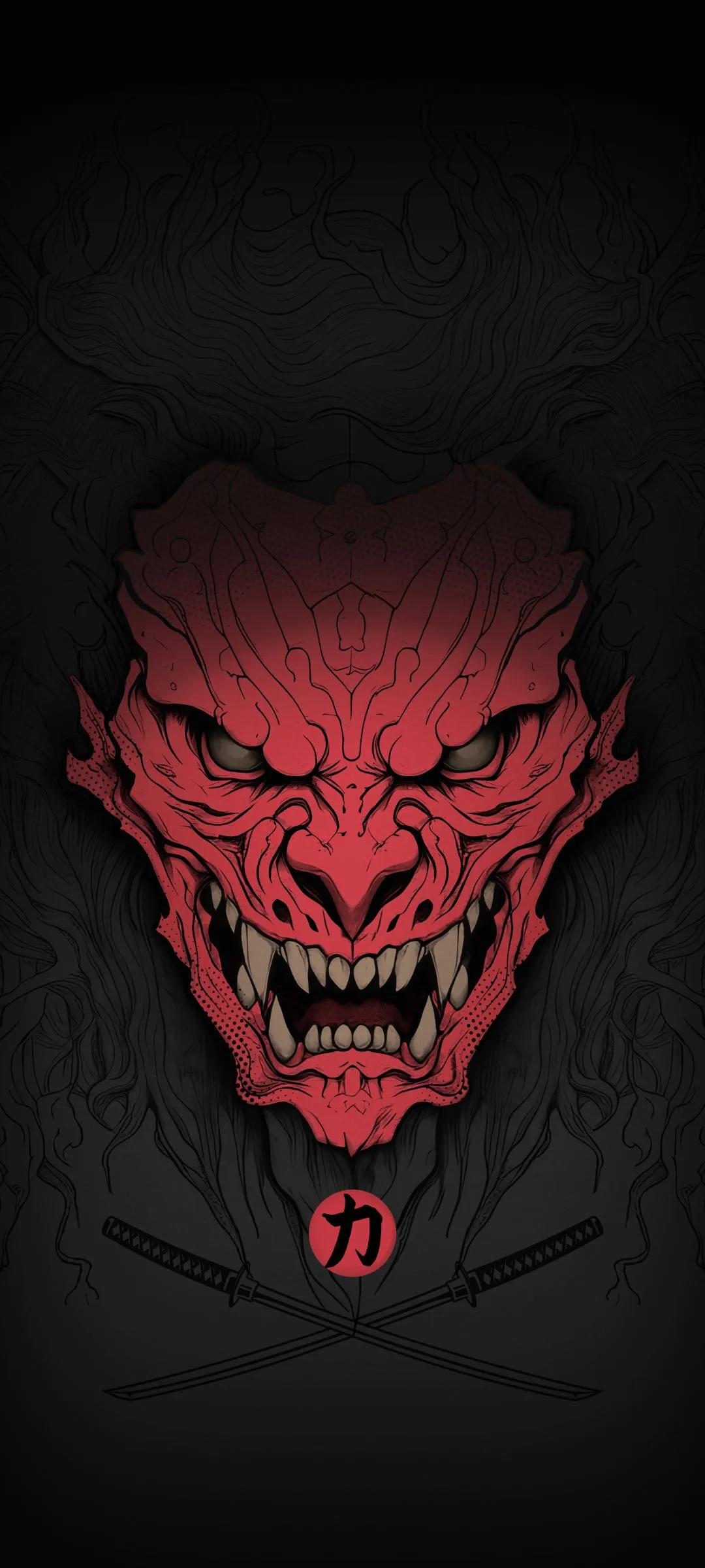 Red Demon Face Design with Dark Menacing Expression
