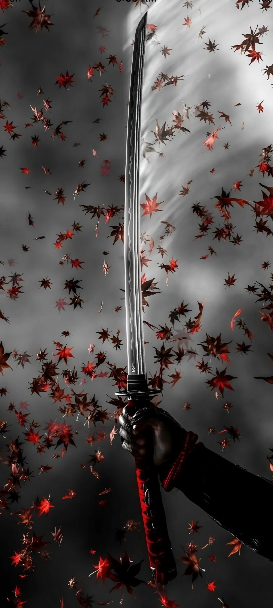 Red Petals Falling Artistic Sword Dark Floral Wallpaper