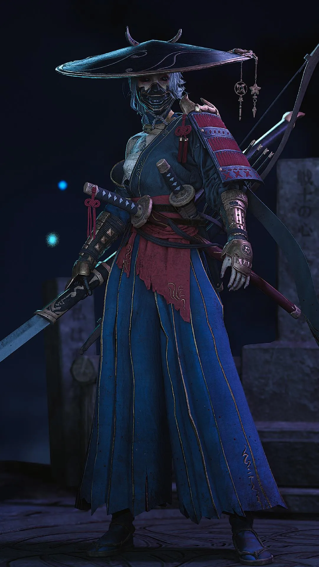 Samurai Warrior Standing Under Dim Blue Light Wallpaper