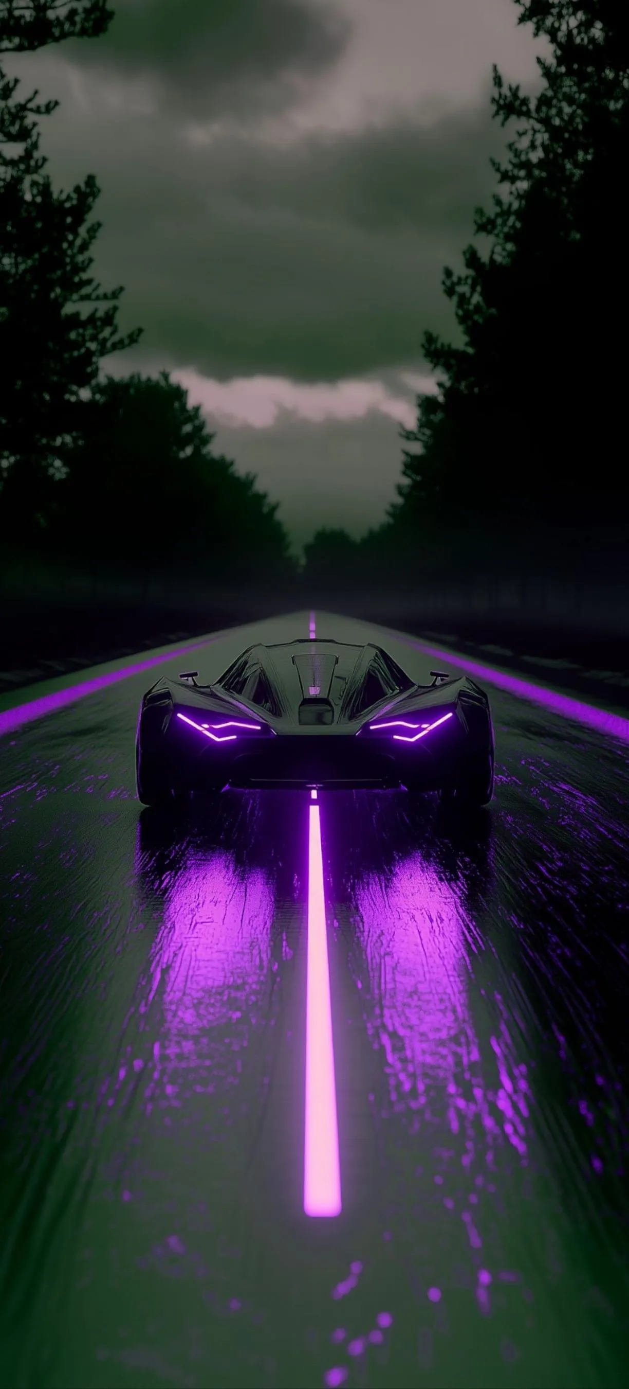 Sci Fi Car Driving on Glowing Purple Road at Night Wallpaper