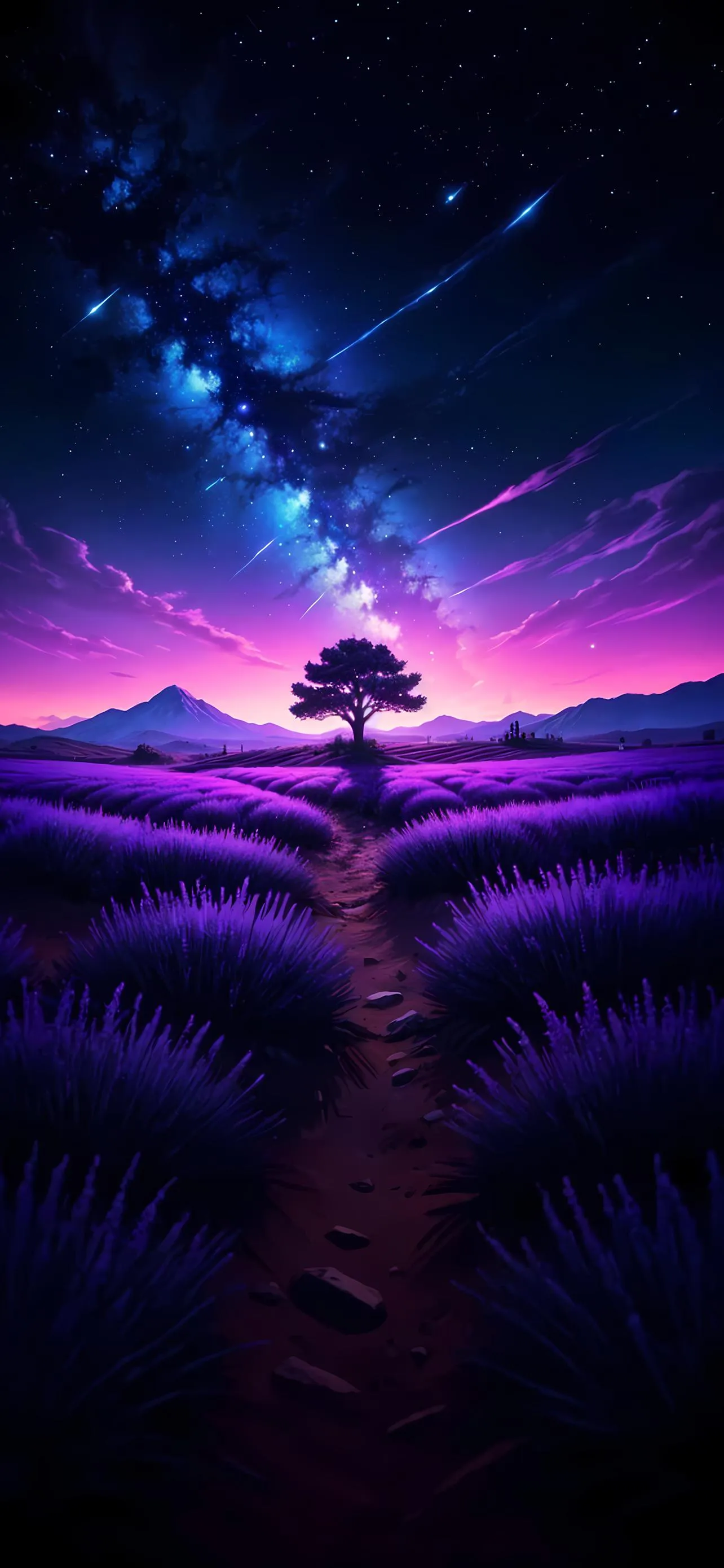 Serene Lavender Field Under a Majestic Night Sky Image
