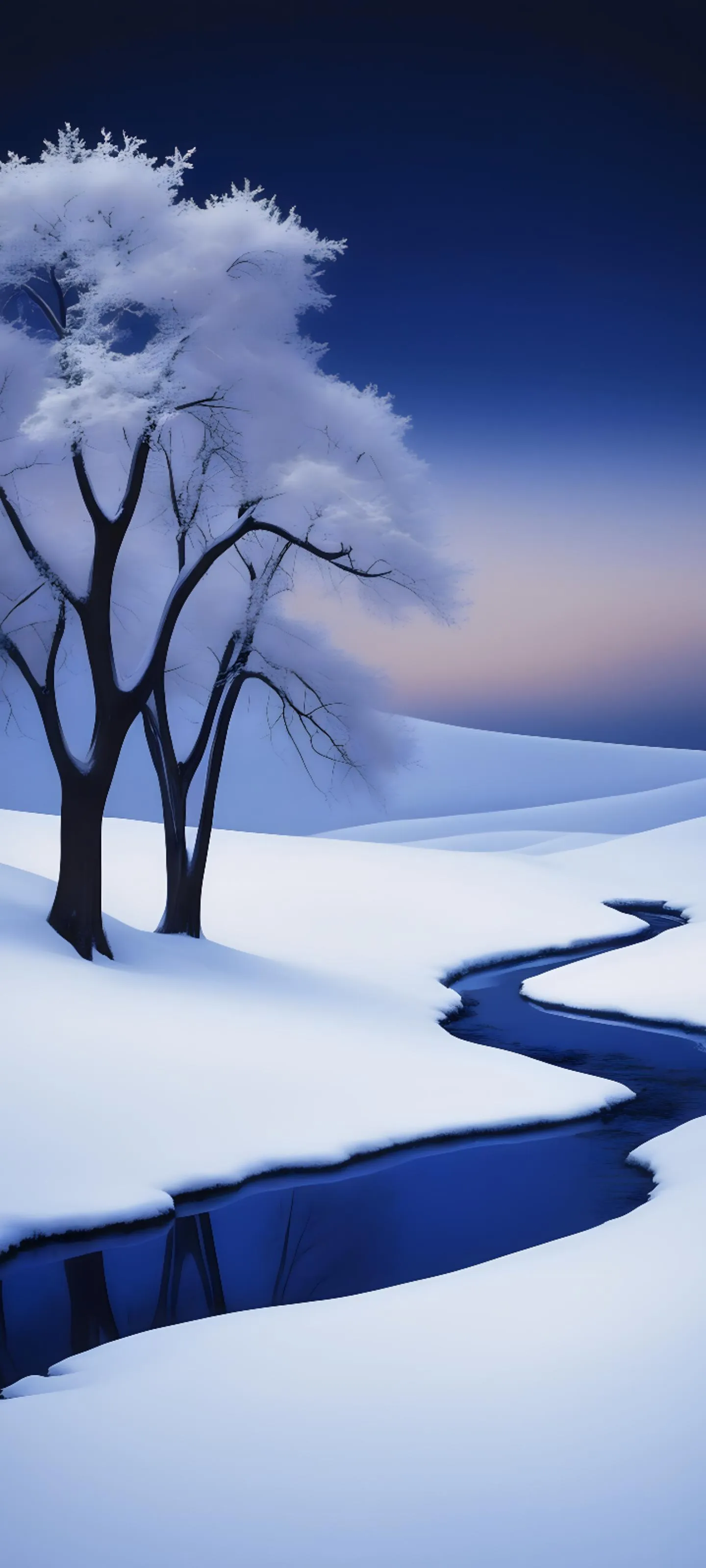 Snowy Landscape with Twisting Frozen River Path Wallpaper
