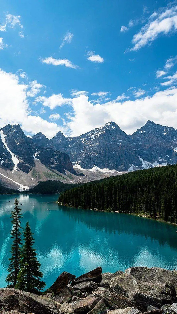 Snowy Mountains Reflected in Crystal Lake View Wallpaper