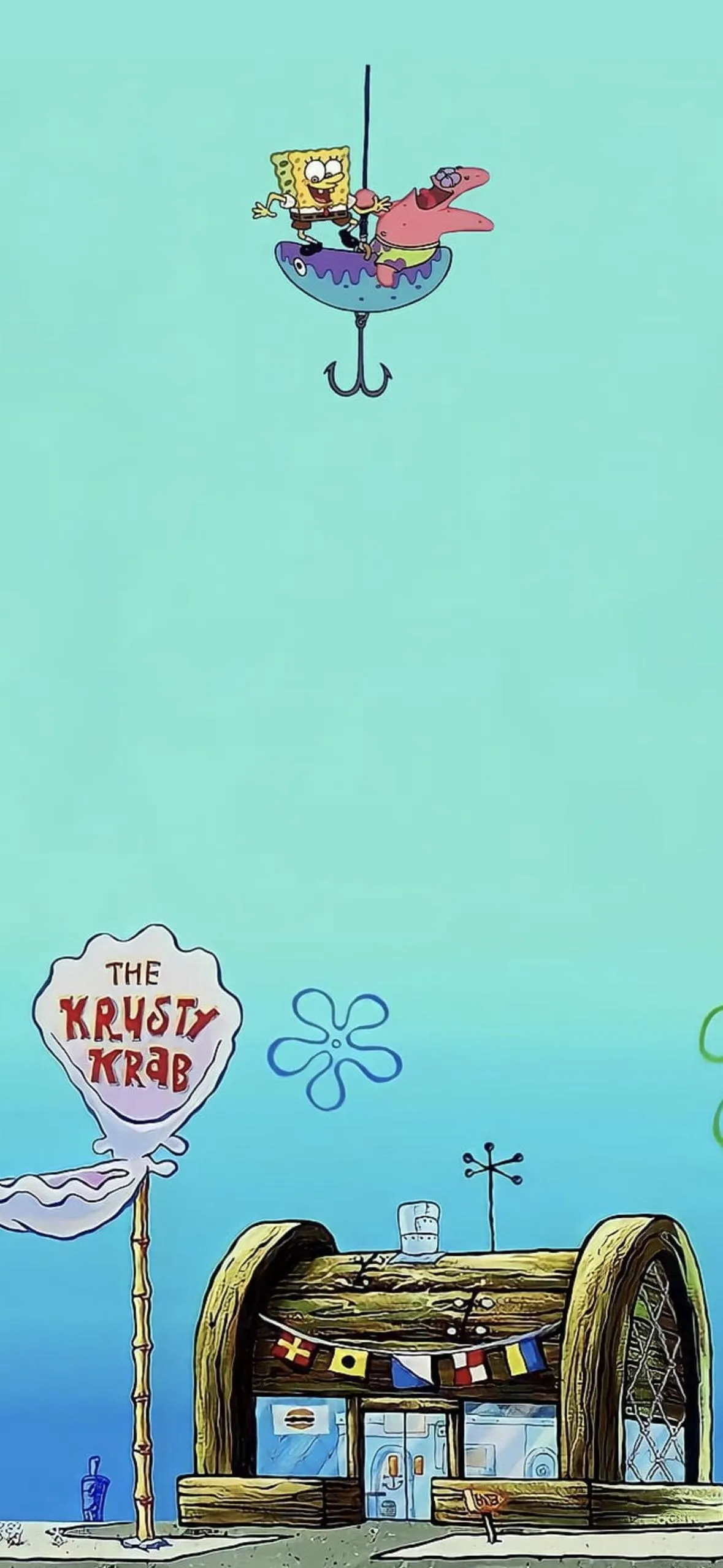SpongeBob and Patrick caught on hook above Krusty Krab
