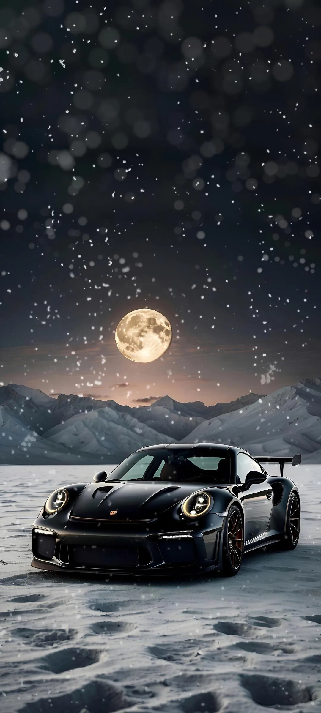 Sport Car Under Full Moon with Scenic Night Sky View