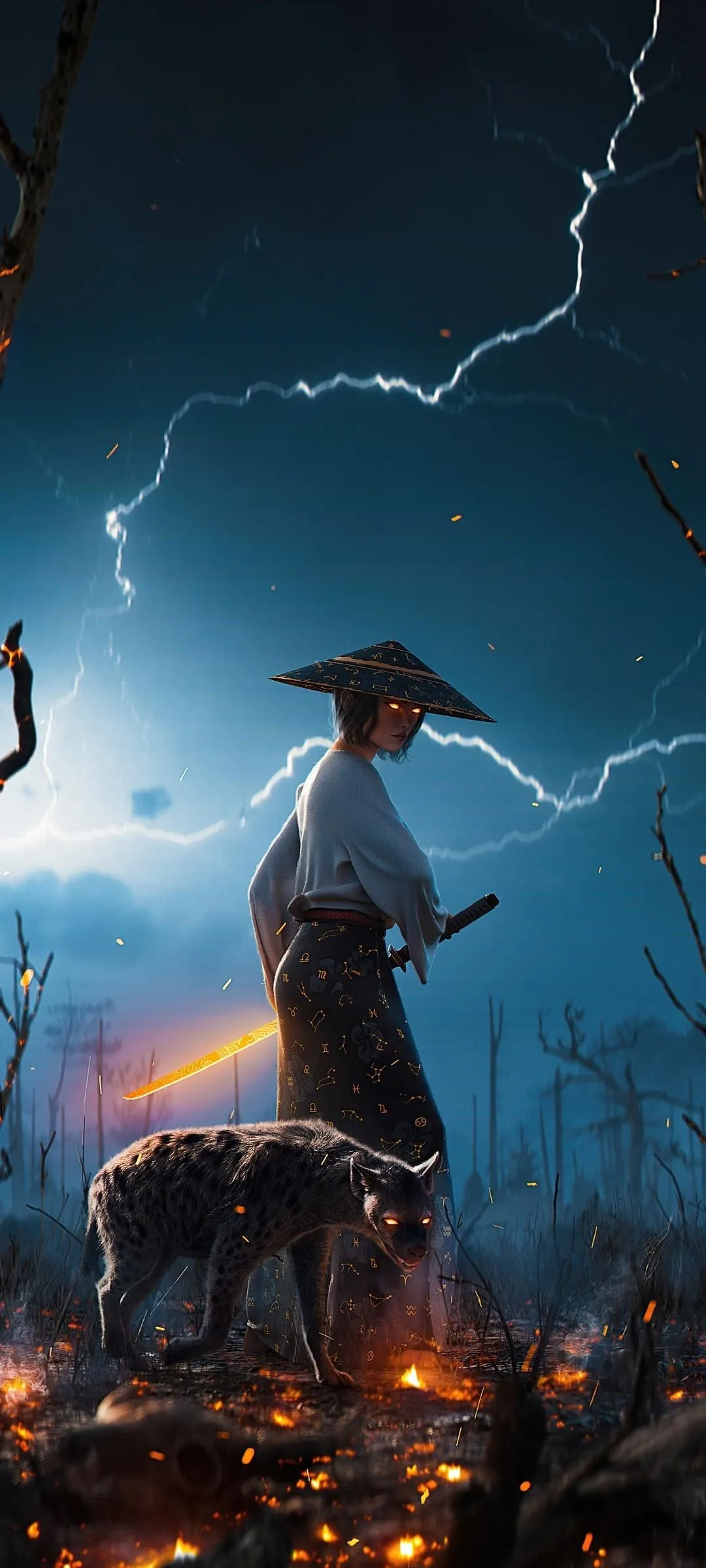 Warrior Standing in Stormy Battlefield Scene Wallpaper