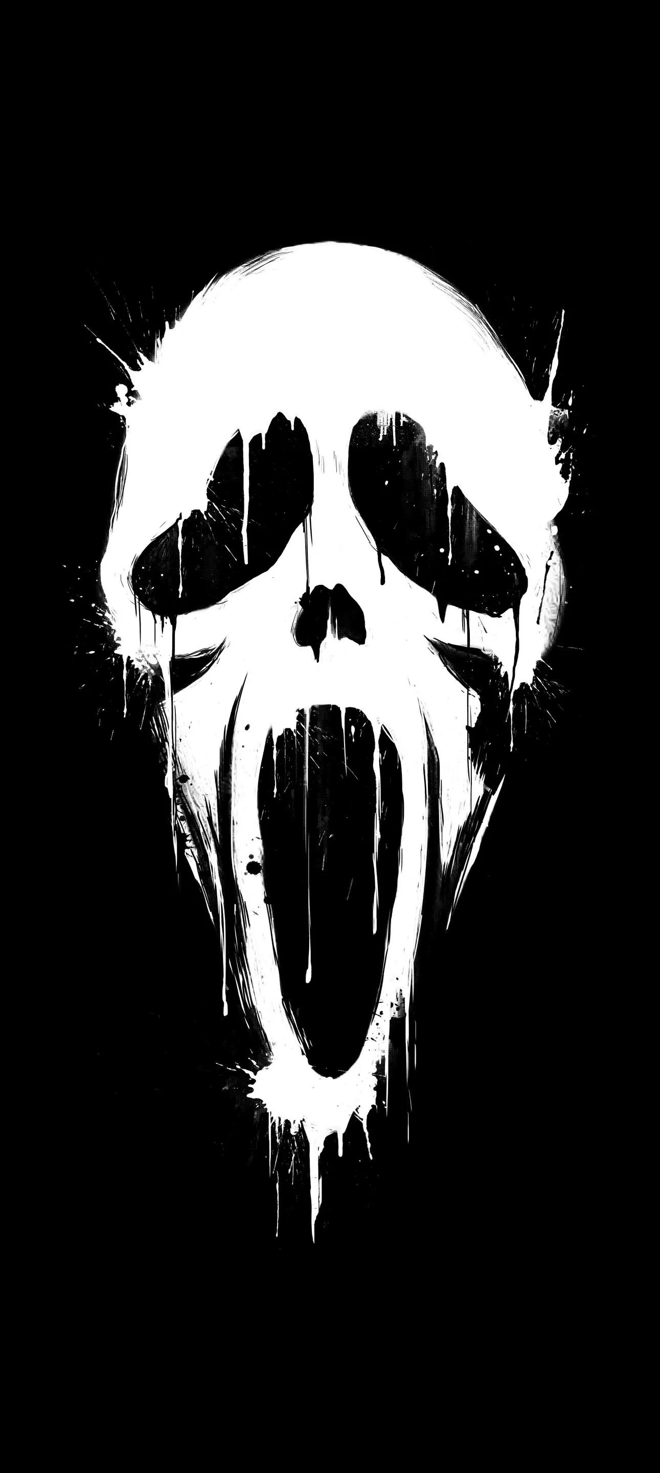 White Ghost Mask Design on Pure Black Background Wallpaper