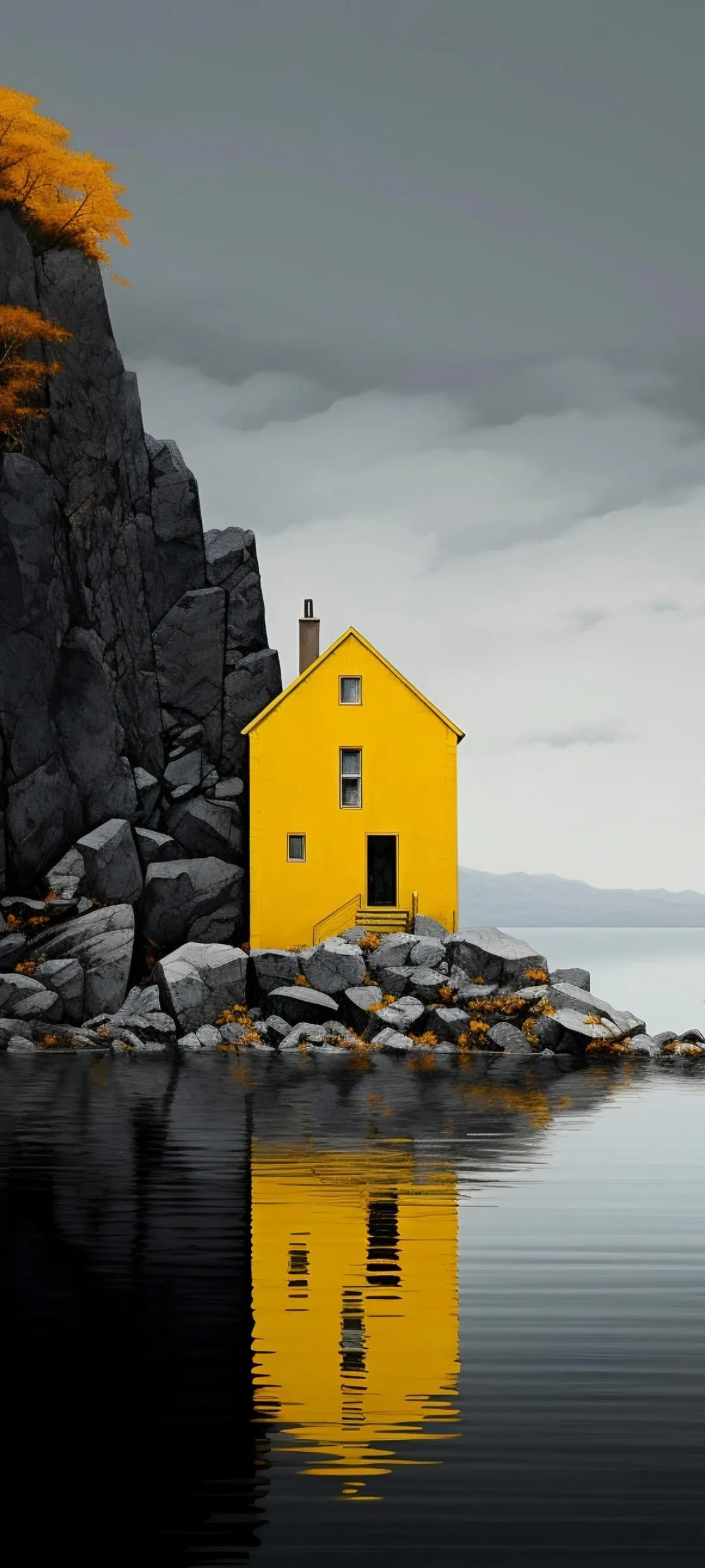 Yellow House Beside Cliff Overlooking Calm Lake Wallpaper
