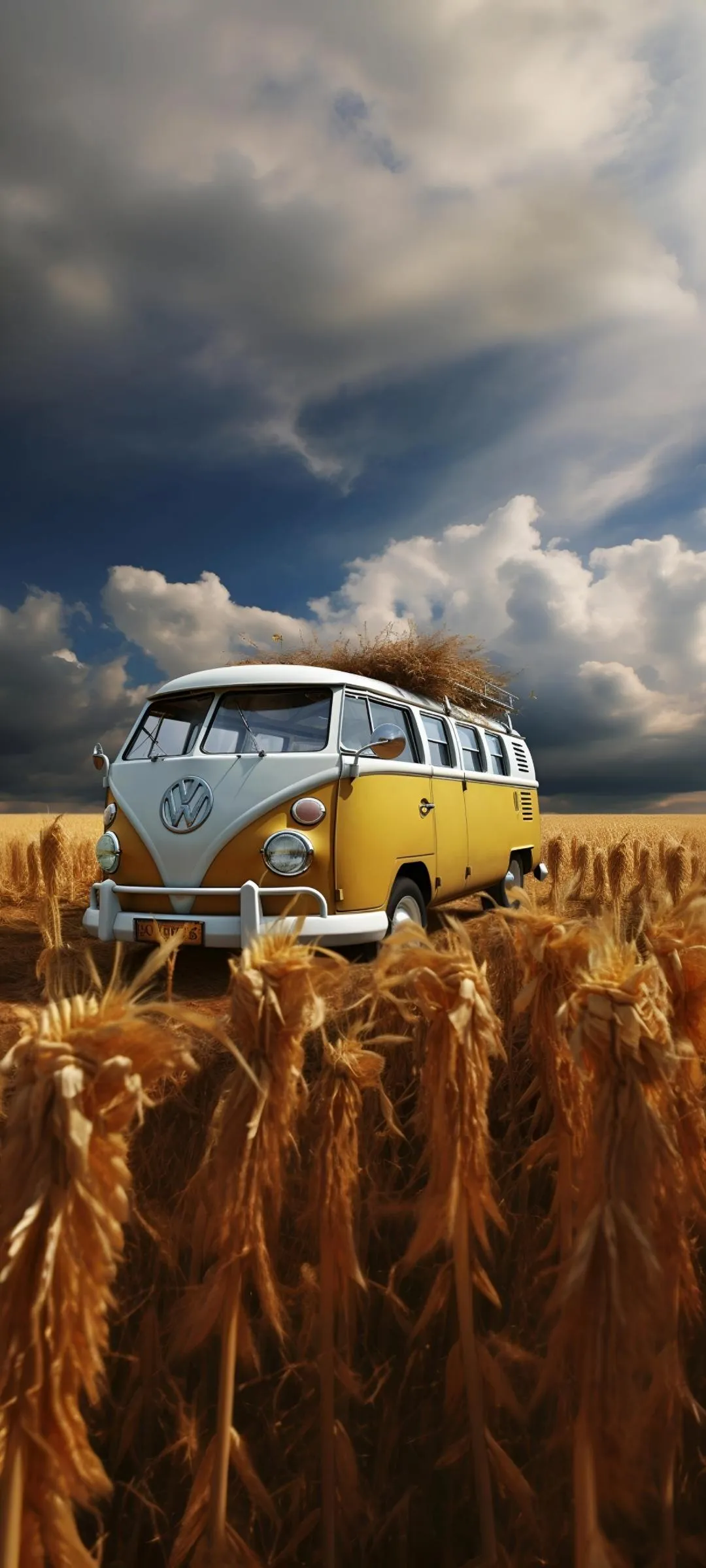 Yellow Van in Wheat Field under Cloudy Blue Sky Wallpaper