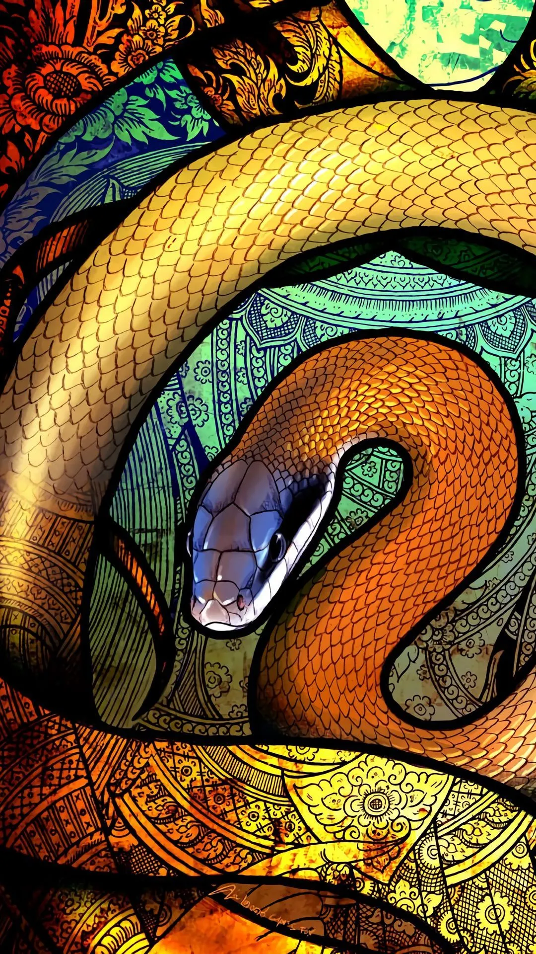 Vibrant Snake Art with Ornamental Background in HD