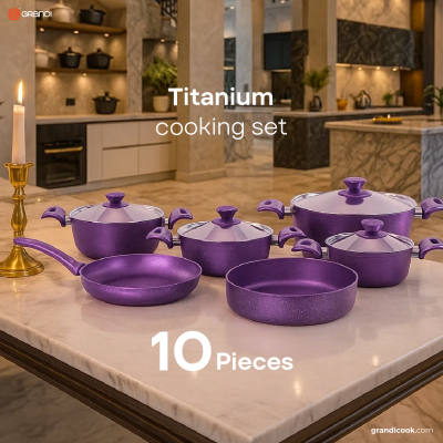 Mixed Titanium Set 10 Pieces (Saucepans 18–20–22–28 cm + Frypan 26 cm + Oven Tray 26 cm) – Purple Granite