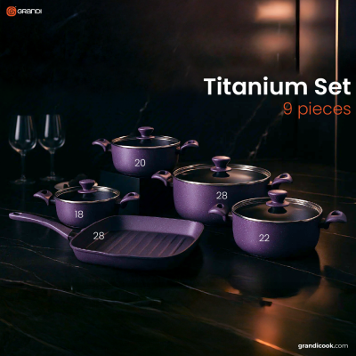 Titanium 9-piece set: 4 pots (18-20-22-28 cm) + 28 cm grill (stainless steel lid), purple