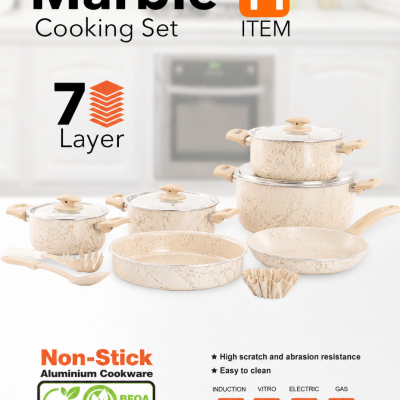 Grande Cook Marble Set of 11 Pots (16-18-20-26) Frying Pan 20 + Tray 22 + Brioche + 2 Pieces Creamy Marble Distribution