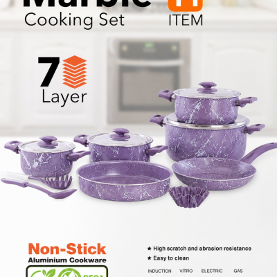 Grande Cook Marble 11-piece set: pots (16-18-20-26 cm), frying pan (20 cm), tray (22 cm), brioche, and 2 serving pieces (marble purple).