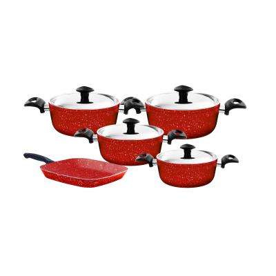 Grandi Cook Titanium Set 9 Pcs Stewpot 18-20-22-28+Grill 28(stainless cover) Granite Red