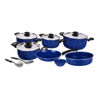 Grandi Cook Marble set 11 pcs Stewpot 16-18-20-26+Frypan 20 +Round Oven tray 22+Broush 14+ 2 Kitchen Tools Free Granite Blue
