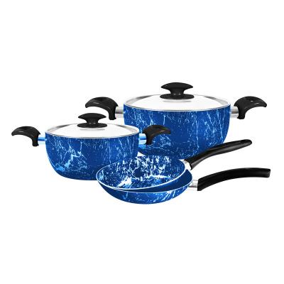 Grandi Cook Marble Blus Set 6Pcs Stewpot 20-24 + Frypan 18-22 Stainless Cover Granite Blue