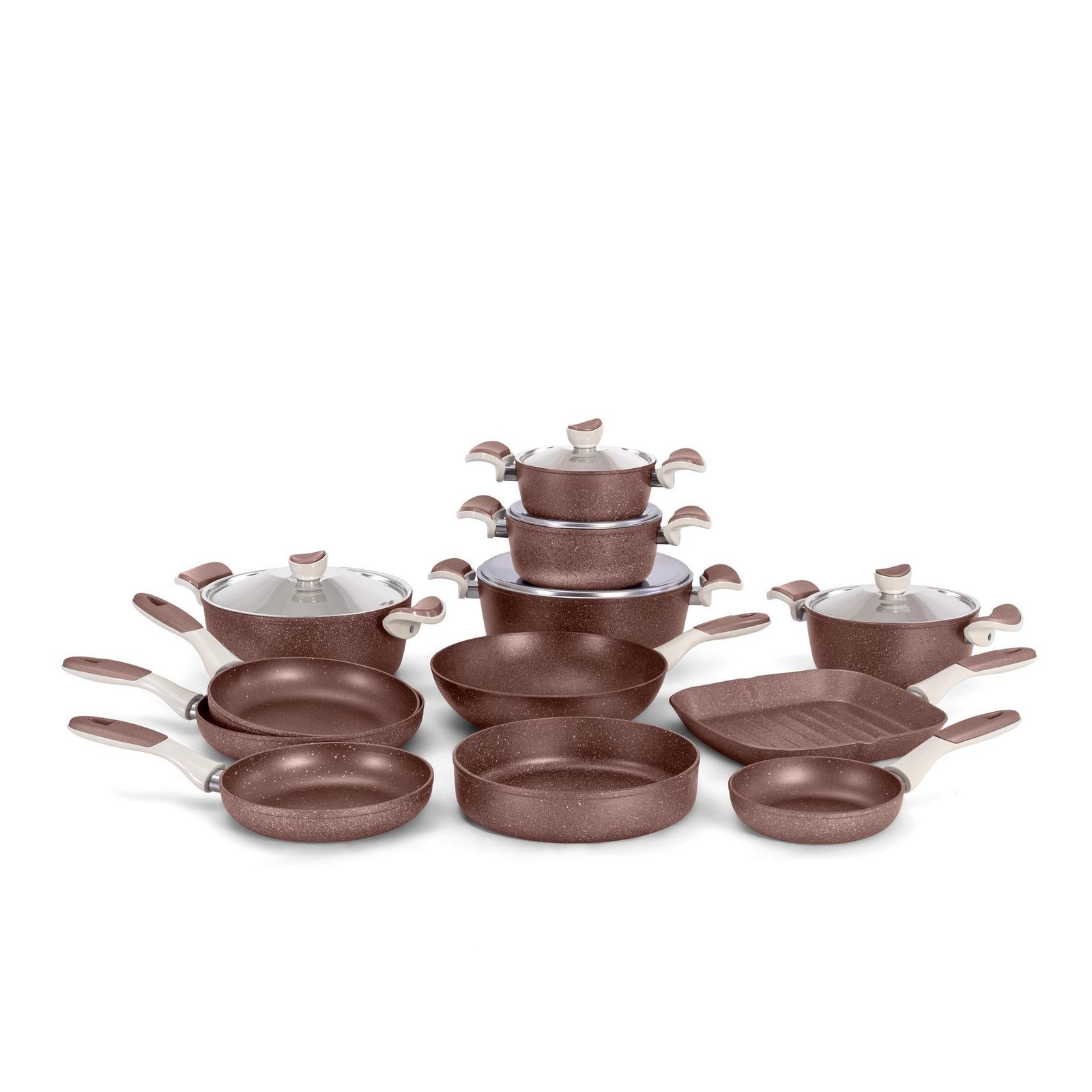 Grandi Cooking Castello Set 17 Pcs Stewpot 18-20-22-26-28+ Frypan 18-22-24-26+ Oven Tray 26+ Grill 28 + Wok 30 (3.5m) Granite Brown