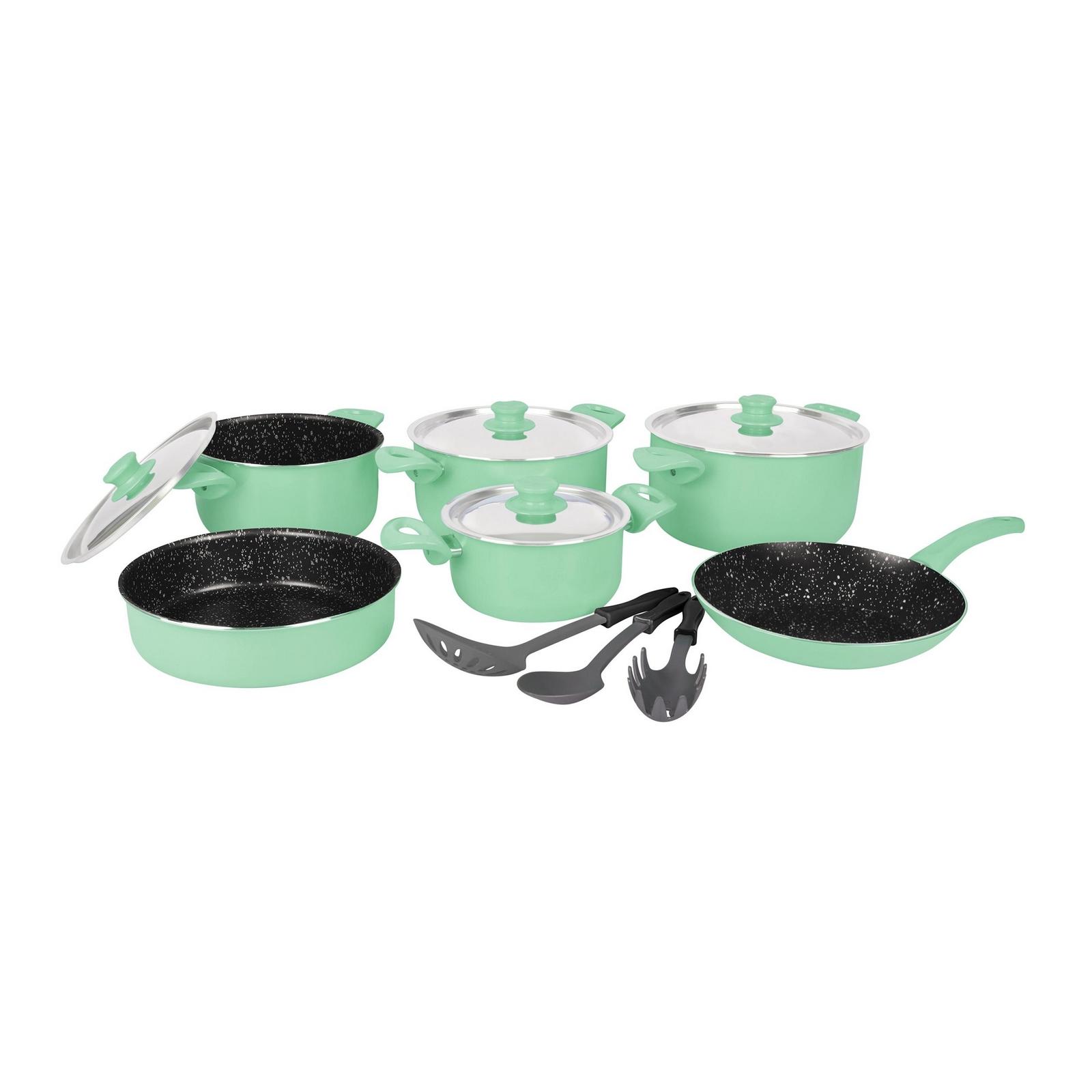 Grandi Cook Pop set 10 Pcs pot 16-18-22-28+ fry pan 24 + Round Oven tray 24+3 kitchen tools Green And Granite Black