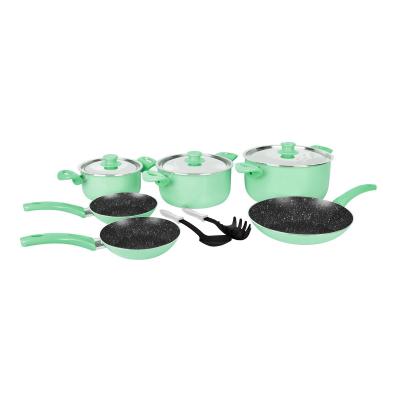 Grandi Cook Pop set 10 Pcs pot 18-22-26+ fry pan 20-24-28 + 2 kitchen tools Pink And Granite Black