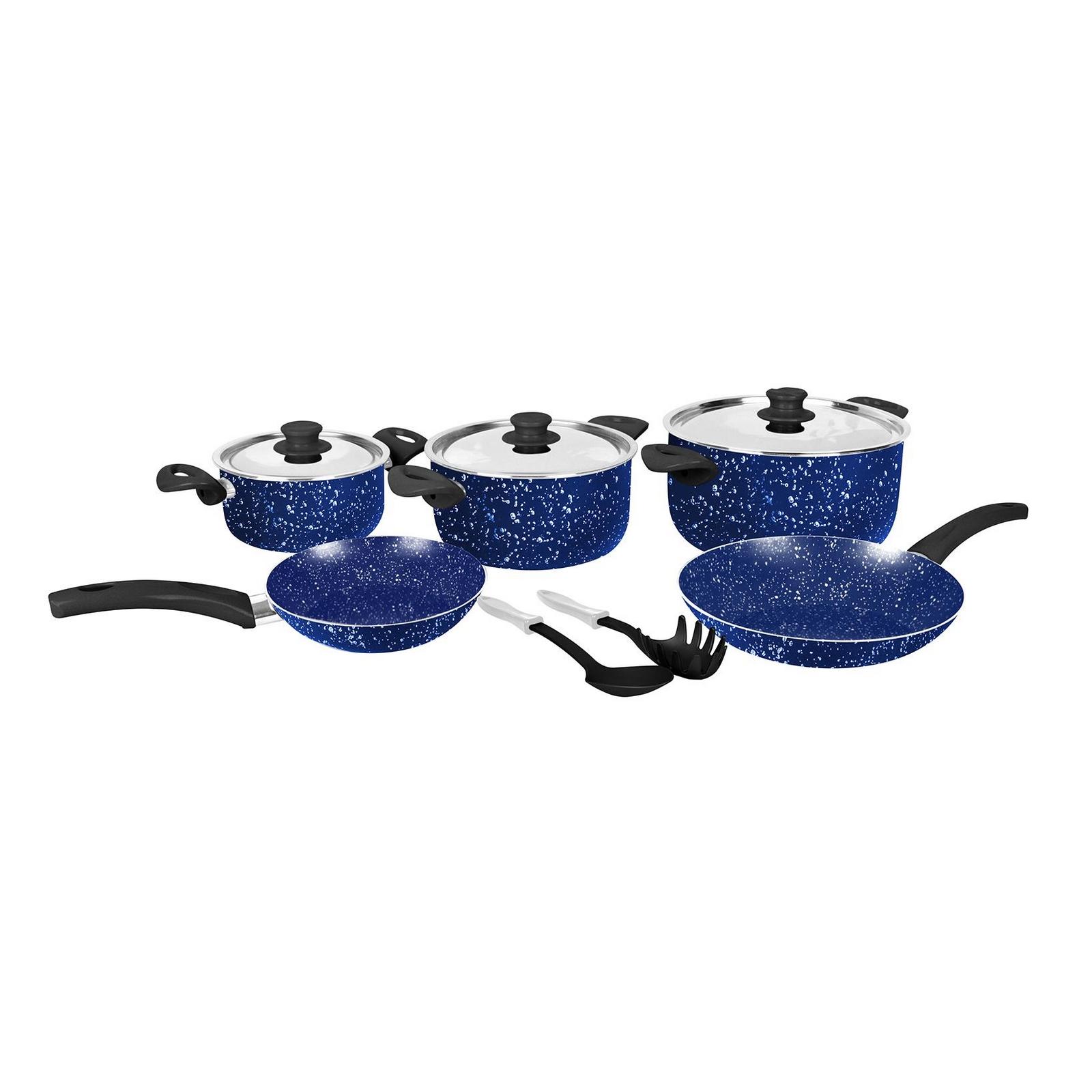 Grandi Cook Marble set 10 pcs Stewpot 16-22-26 + Fry Pan 20-22 + 2 Kitchen Tools Free Granite Blue
