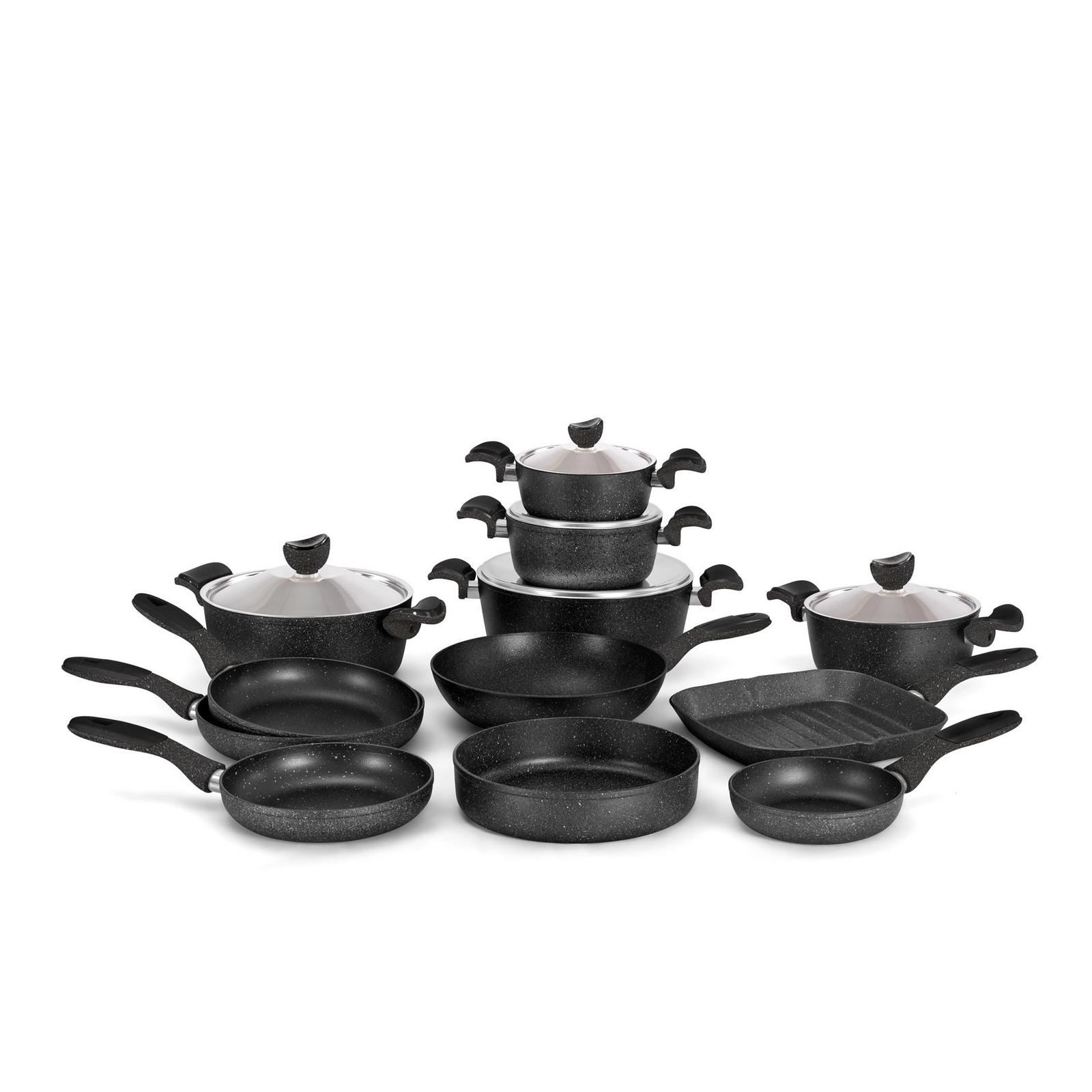 Grandi Cooking Castello Set 17 Pcs Stewpot 18-20-22-26-28+ Frypan 18-22-24-26+ Oven Tray 26+ Grill 28 + Wok 30 (3.5m) Granite Brown