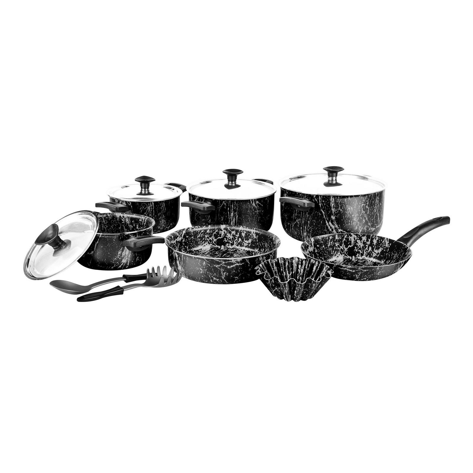 Grandi Cook Marble set 11 pcs Stewpot 16-18-20-26+Frypan 20 +Round Oven tray 22+Broush 14+ 2 Kitchen Tools Free Granite Blue