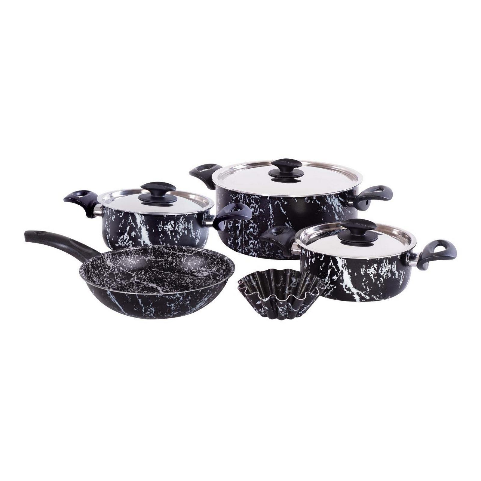 Grandi Cook Marble set 8 pcs Stewpot 16-18-24 +Wok 24 +Broush Marbel Black
