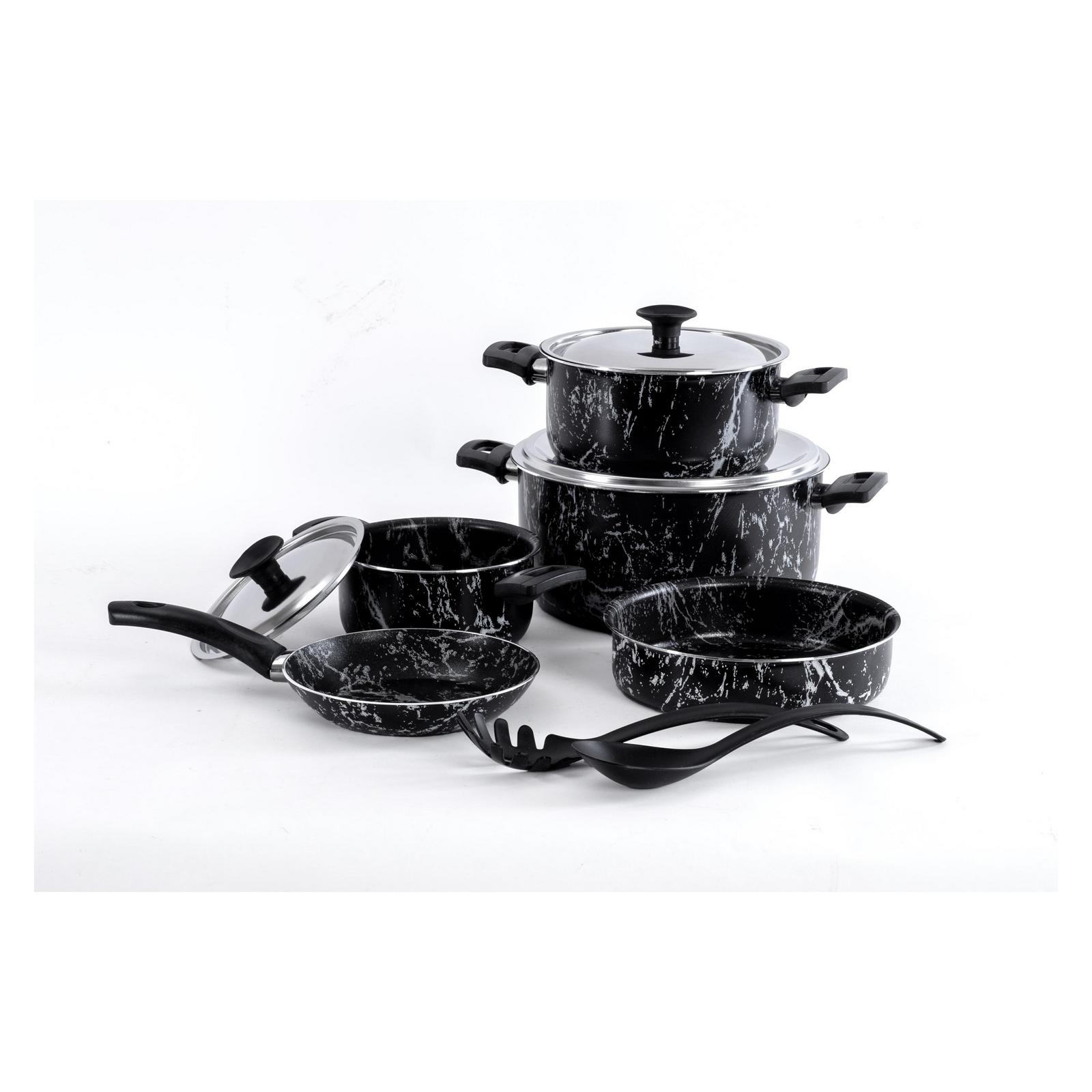 Grandi Cook Marble set 10 pcs Stewpot 16-20-26 +Frypan 20 +Round Oven tray 22 +2 kitchen tools Marbel Black