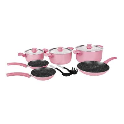 Grandi Cook Pop set 10 Pcs pot 18-22-26+ fry pan 20-24-28 + 2 kitchen tools Pink And Granite Black